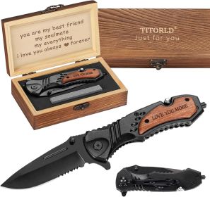 LOVE YOU MORE Engraved Pocket Knife Gift Set | Wood Gift Box & EDC Knife with Serrated Edge & Clip | Multi-Function Outdoor Tool for Camping, Hiking