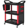 HOMCOM 3-Tier Rolling Tool Cart, 200 LBS Capacity Plastic Utility Cart with Side Shelf and Storage Bucket, Black & Red