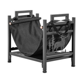 Indoor Firewood Rack, 1.5 ft Curved Log Holder with Canvas Carrier, 40lb Capacity Wood Storage Stand, Powder-Coated Steel Firewood Holder