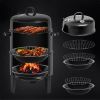16" 3-Tier Portable Charcoal Smoker Grill with Easy Temp Control - Black Vertical Grill for Camping, Outdoor Cooking