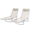Outsunny 2 Piece Sun Loungers, Folding Chaise Lounge Chairs with Reclining Back, Breathable Mesh Seat, Headrest, Cream White