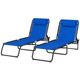 Outsunny 2 Folding Chaise Lounge Pool Chairs with 4-Position Reclining Back, Pillow, Breathable Mesh & Bungee Seat, Blue