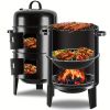 16" 3-Tier Portable Charcoal Smoker Grill with Easy Temp Control - Black Vertical Grill for Camping, Outdoor Cooking