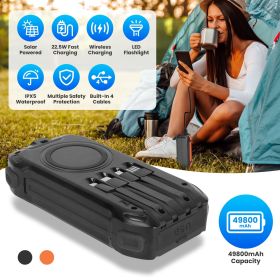 Portable Solar Charger 49800mAh Power Bank External Battery Pack 22.5W PD Fast Charging Built in 4 Cables 15W Wireless Charging LED Flashlight for Cam (Color: Black)